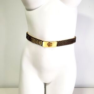 Gold-Tone Elastic Metal Waist Belt with Floral Buckle